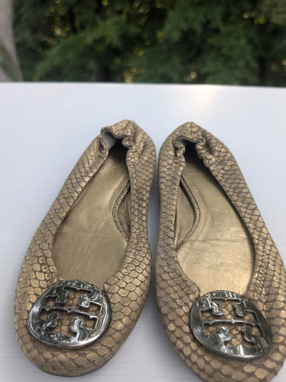 Tory Burch Reva Metallic Bronze Snake-Embossed Ballet Flats with Logo